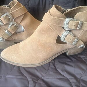Frye Tan Suede Ankle Booties with Silver Buckles